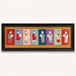 Vintage Chinese Silk Padded Applique Textile Art Framed 8 Figures‎ Peaches 28in